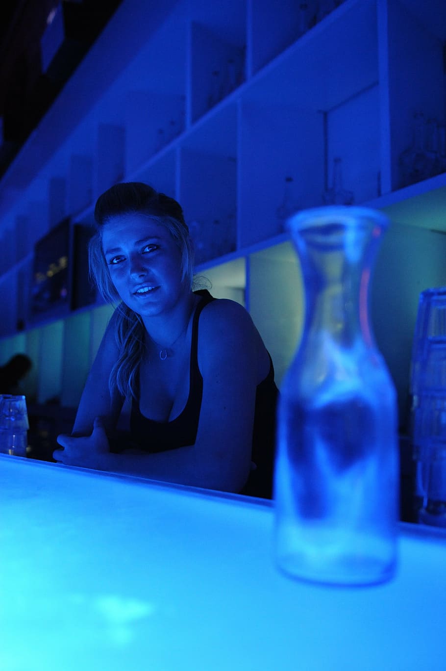 blue, bar, girl, pretty, bottle, bartender, woman, female, cocktail, smiling