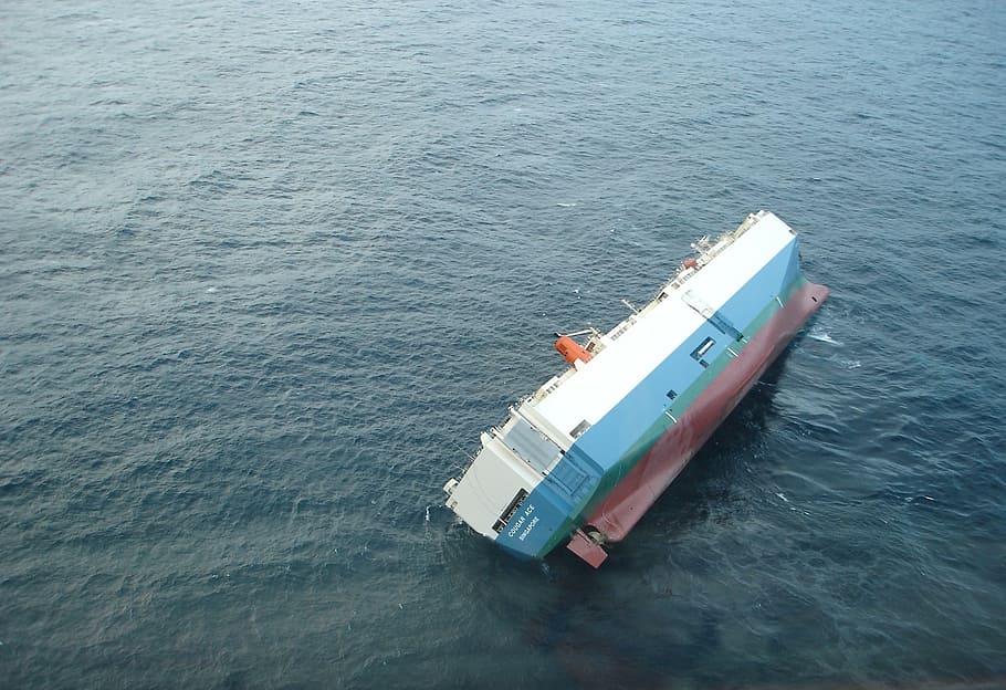ship, capsized, listing, turned over, sea, ocean, water, sinking, nature, outside