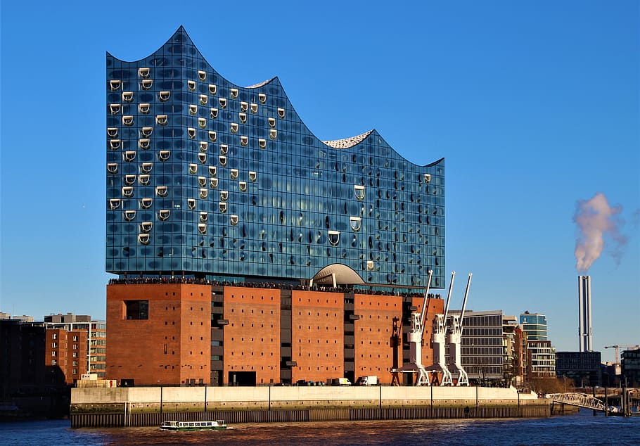 brown, blue, building, surrounded, body, water, clear, sky, elbe philharmonic hall, hamburg