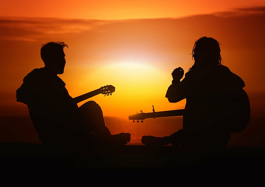 silhouette, men, playing, guitar, sunset, person, human, players, joy, sun