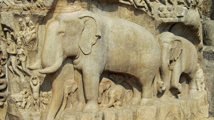 Mahapalipuram, Mammalapuram, India, alivio, descenso del Ganges, granito, elefante, representación, arte y artesanía, escultura