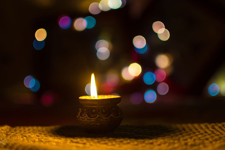 brown, candle macro photography, diwali, diya, lamp, india, clay, traditional, bokeh, colorful