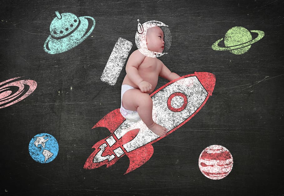 baby, riding, spacecraft, universe, astronauts, africa hanh family, astronaut, blackboard, child, childhood