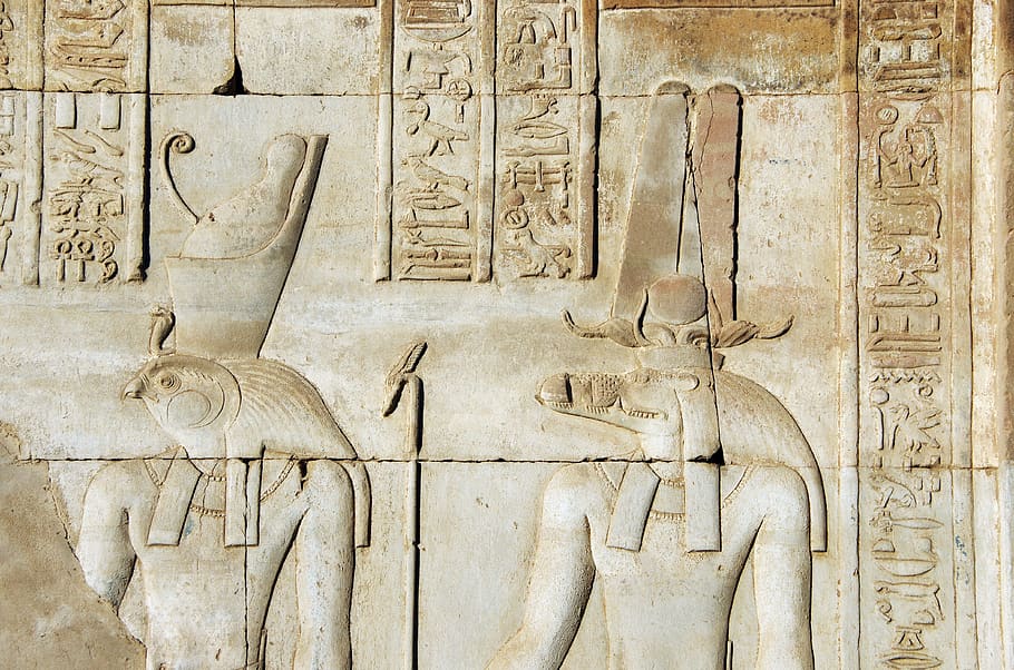 egypt, temple, kom-ombo, etchings, divinities, haroeris, horus the elder, sobek, crocodile god, hieroglyphs