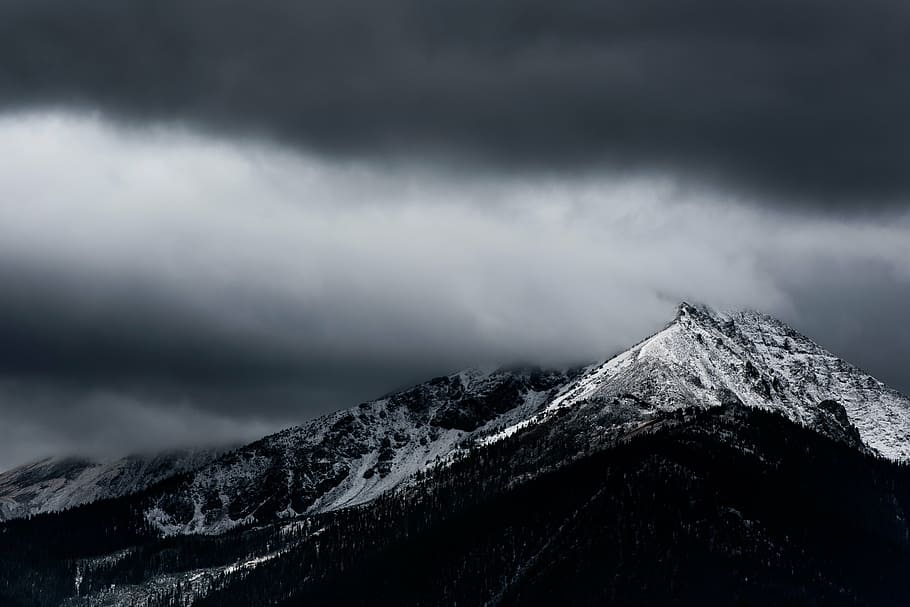 snow-covered, mountains, cloudy, day, grayscale, mountain, dark, cloud, sky, fog