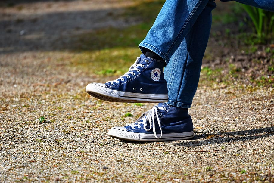 person, wearing, blue, converse, shoes, leg, foot, shoe, sneaker, man