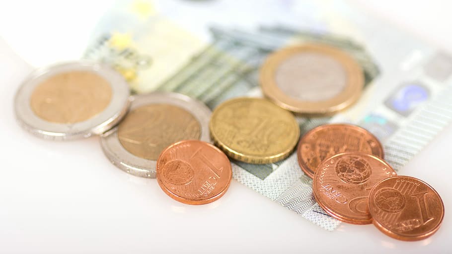 Monedas, dinero, cambio, euro, centavo, billete, moneda, paga, macro, remuneración
