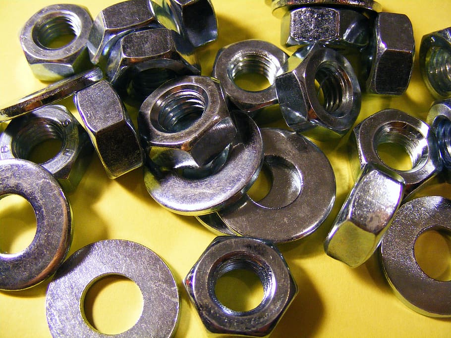 metal hex nut, yellow, surface, nut, construction, industry, steel, threaded, engineering, tool