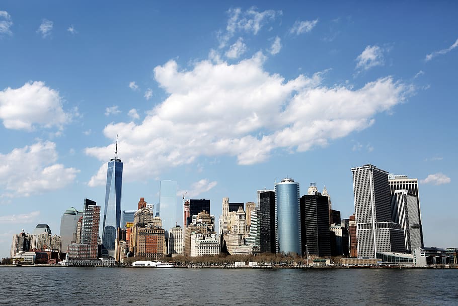 Nueva York, ciudad, edificios, arquitectura, horizonte, torres, rascacielos, azul, cielo, nubes