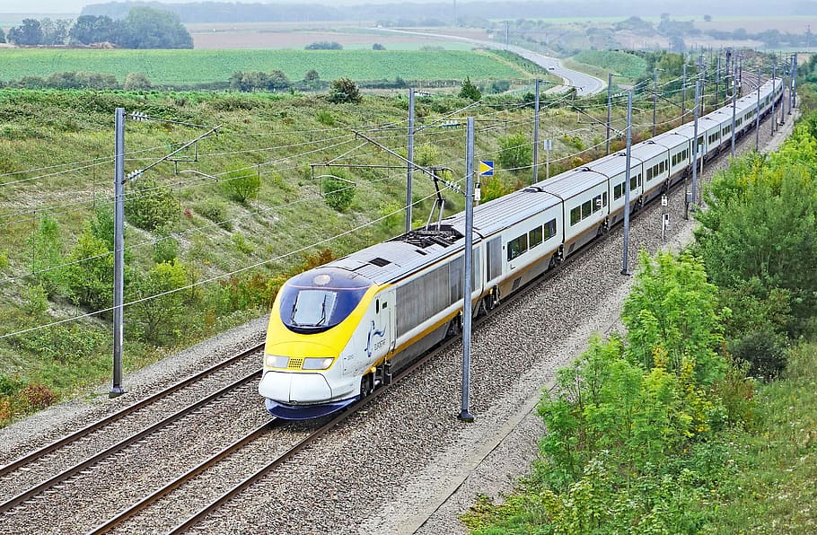 yellow, gray, bullet train, railway, eurostarzug, paris - london, at calais, fast track, express train, electrical multiple unit
