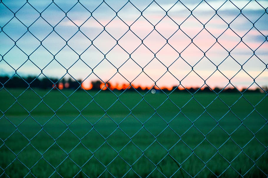 gray, cyclone fence, grass field, tilt, shift, lens, photography, steel, cyclone, fence