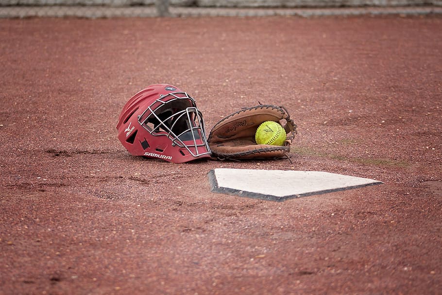 red, helmet, baseball mitts, softball, catcher, ball, field, play, game, sport