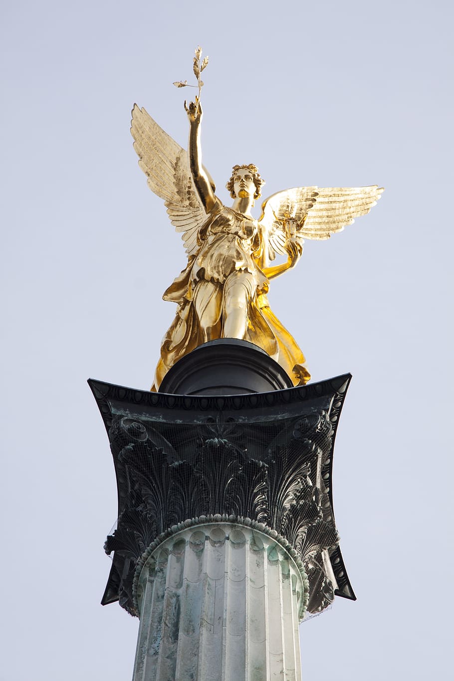 winged person statue, Statue, Angel, Gold, Gilded, leaf gilded bronze, wing, monument, art, munich