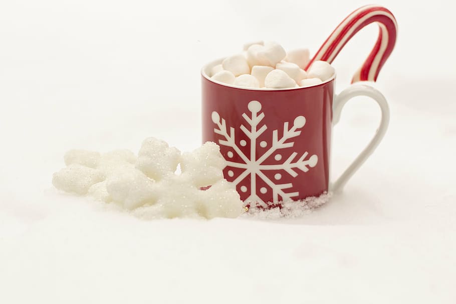 rojo, blanco, cerámico, taza, bastón de caramelo, chocolate caliente, cacao, navidad, feriado, bebida