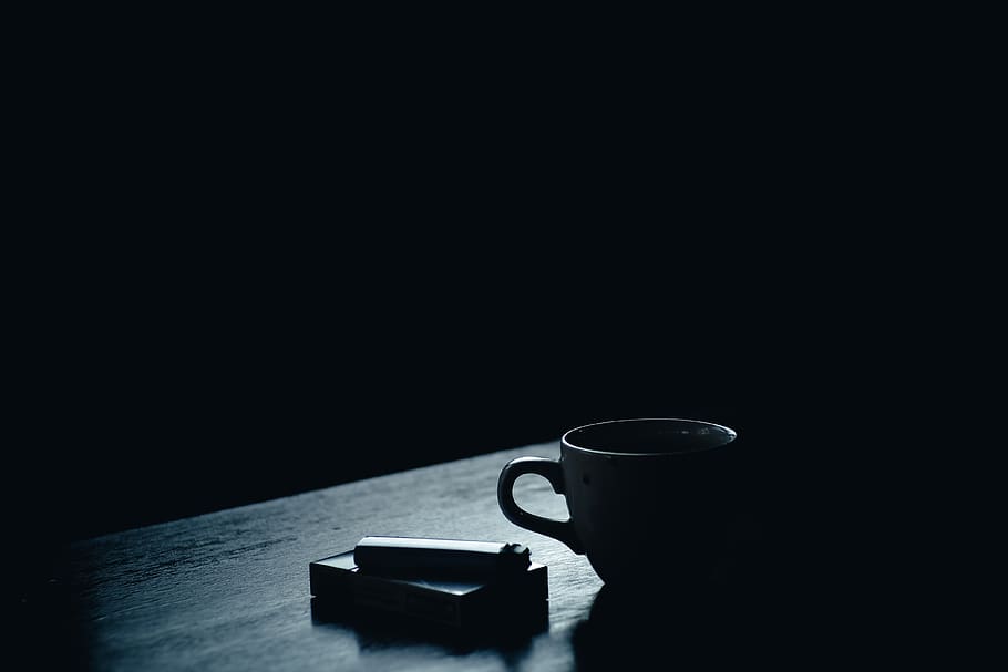 dark, table, cigarette, lighter, cup, coffee, drink, indoors, copy space, studio shot