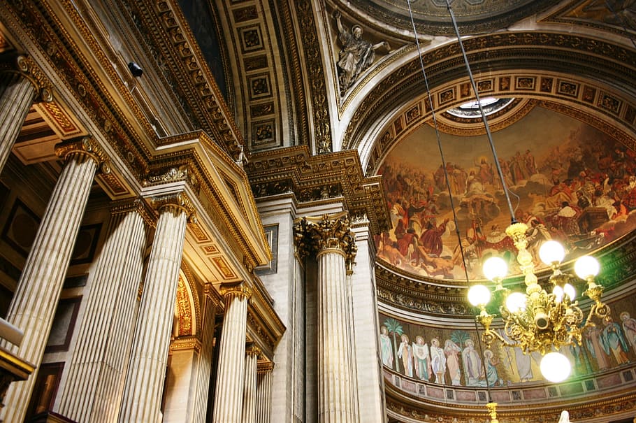 madeleine, church, columns, paris, architecture, built structure, low angle view, indoors, ceiling, lighting equipment