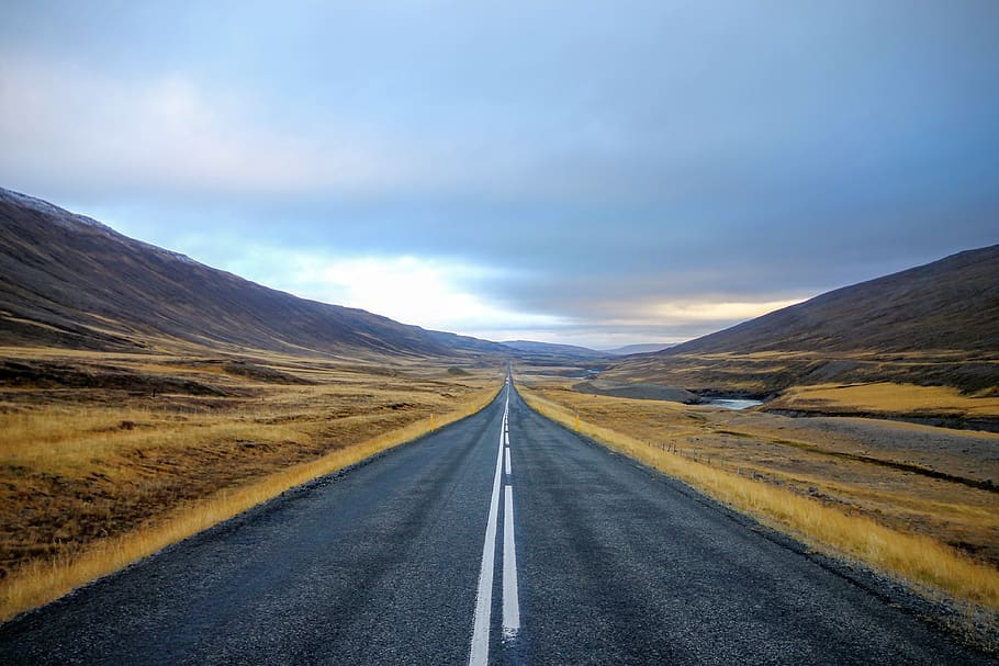 carretera, camino, hierba, campo, montaña, vista, paisaje, naturaleza, azul, cielo