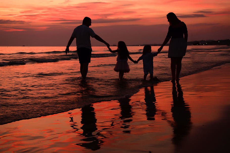 child, dad, family, happiness, walk, mom, happy, sunset, water, sky