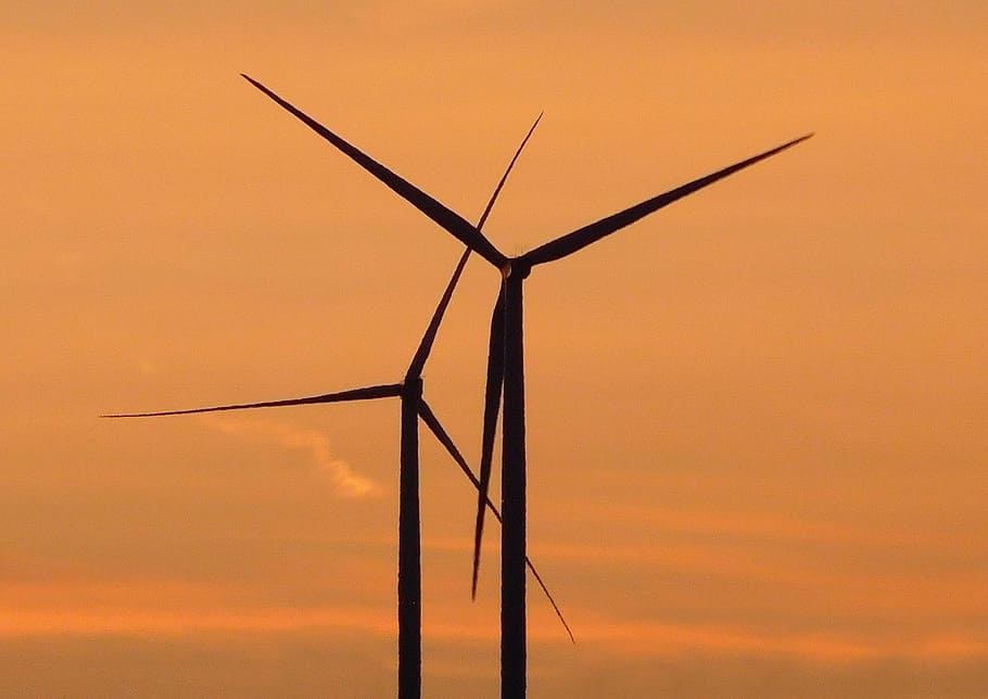 silhouette, windmill, orange, sunset, windräder, wind energy, wind power, evening sky, renewable energy, energy revolution