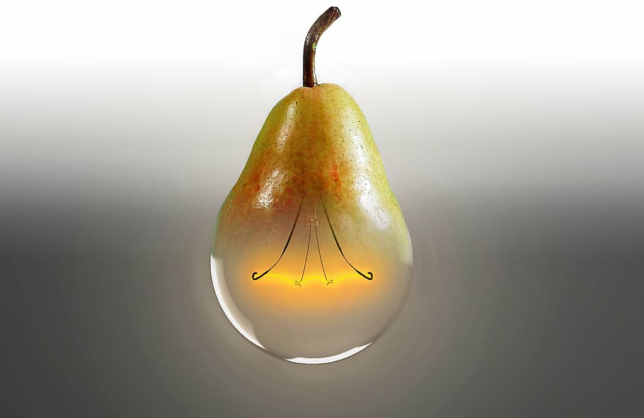 yellow, clear, pear fruit, pear, light bulb, bioglühbirne, idea, genetic modification, light, studio shot