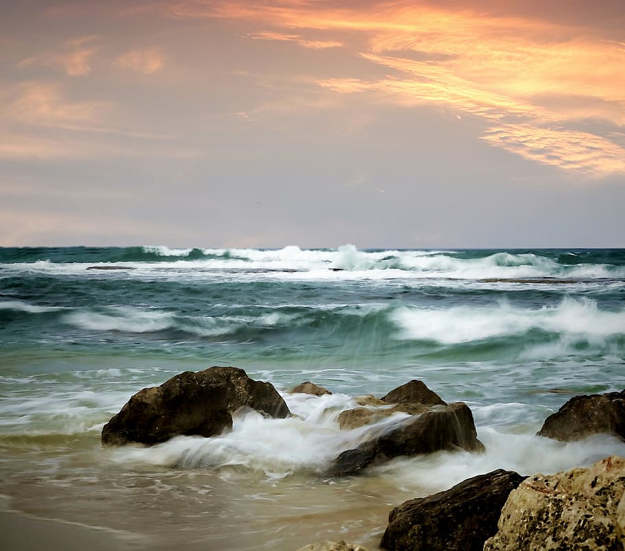 ocean waves, bashing, rocks, sea shore, sunset, sea, stones, wave, beach, nature