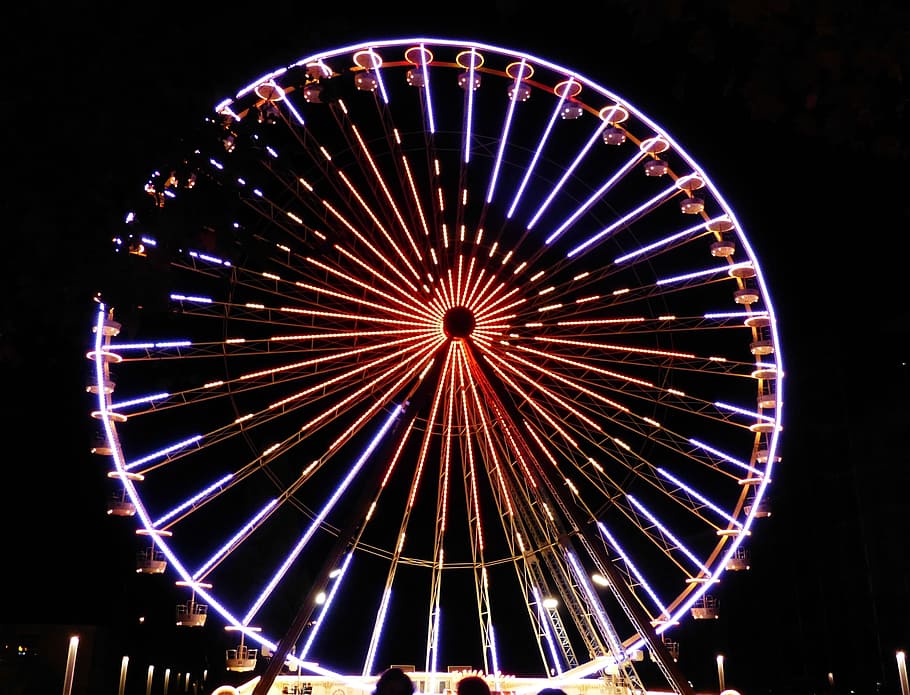 lit, red, blue, ferris, wheel low-angle photography, Ferris Wheel, Night, Photograph, sky, night photograph