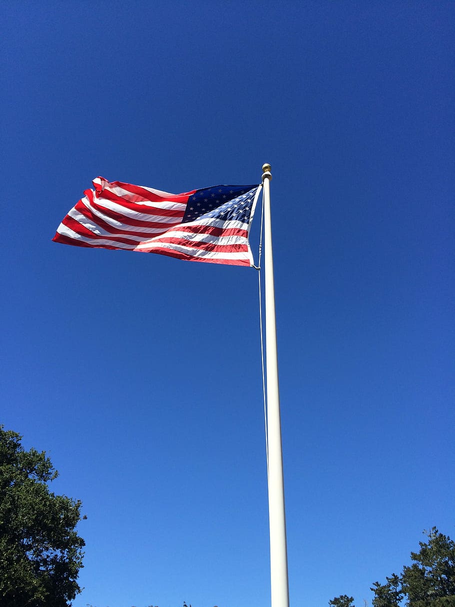 symbol, american flag waving, flag, uSA, american Flag, patriotism, sky, blue, wind, low angle view