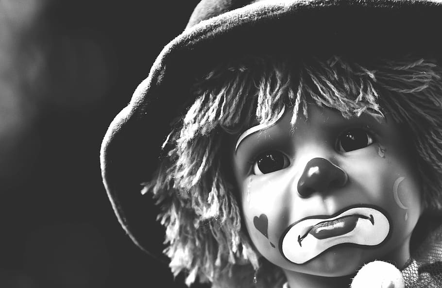 grayscale photo, sad, clown, doll, black and white, sweet, funny, toys, children, cute
