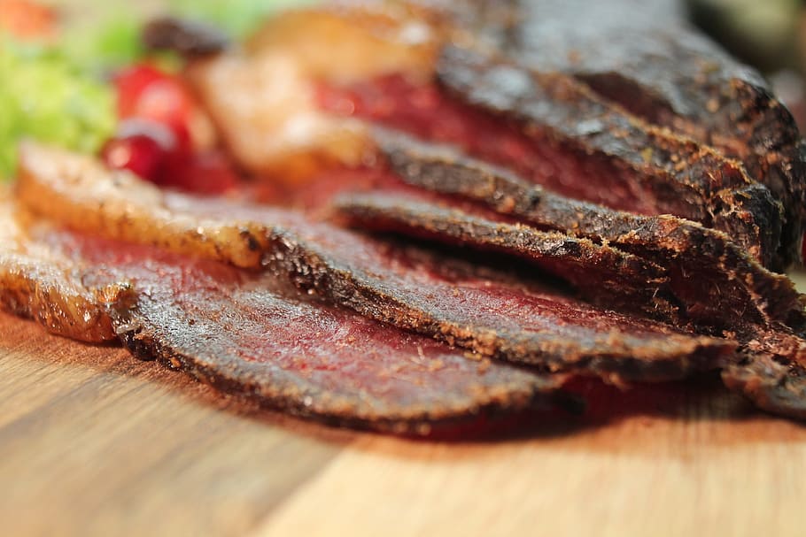 sliced, cooked, meat, brown, wooden, board, food, beef, dried meat, jerky