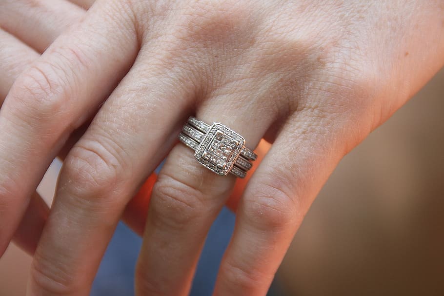person, wearing, silver-colored ring, woman, hands, wedding, ring, anniversary, diamonds, pave