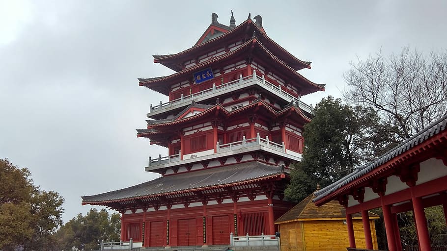 construção, china, arquitetura antiga chinesa, beirais, arquitetura antiga, as barras vermelhas, templo, exterior do edifício, arquitetura, árvore