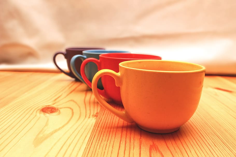 Cup, Glass, Color, Table, Wood, wooden table, red, yellow, blue, black