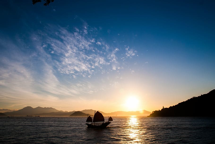 silhueta foto, canoa, ilhas, vela, barco, sol, foto, mar, oceano, água
