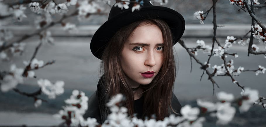 selective, focus photography, woman, wearing, hat, girl, flowers, model, portrait, spring
