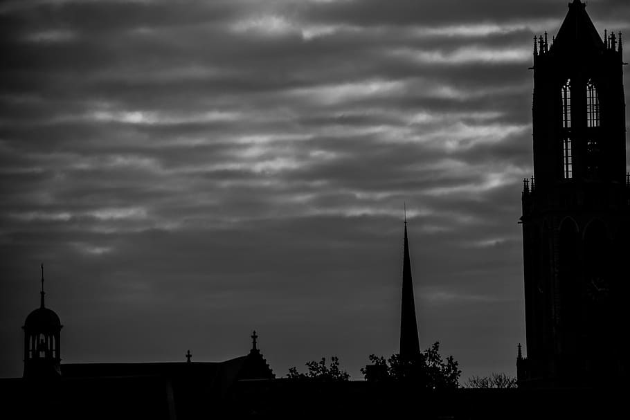 Tower, Dark, Silhouette, Air, Utrecht, dom tower, evening, cloud - sky, architecture, built structure
