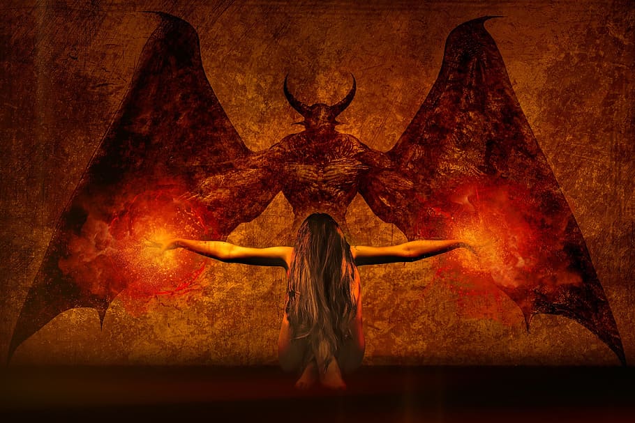 женщина, стоя на коленях, фронт, демон произведения искусства, темное искусство, демон, ведьма, огненный шар, магия, ожог