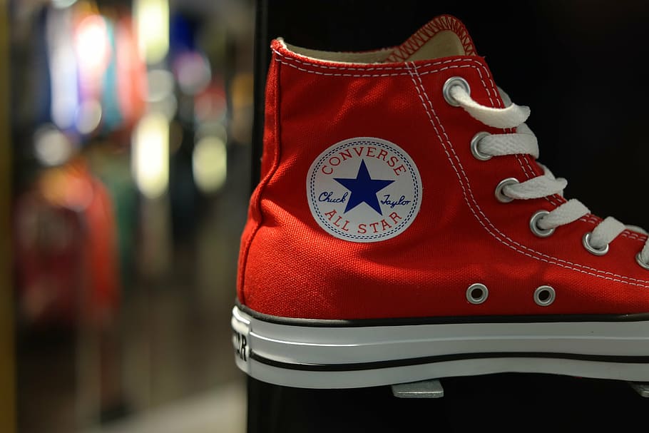 unpaired, red, converse, high-top shoes, shoe, sneaker, fashion, shoelaces, sole, run