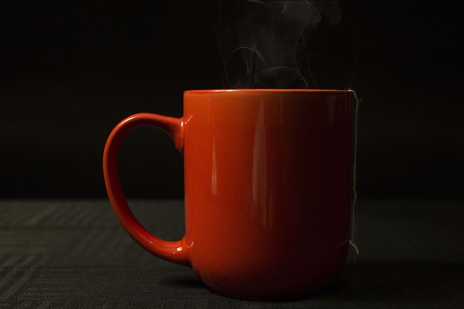 cup, drink, tea, hot, coffee, red mug, mug, red, steam, hot tea