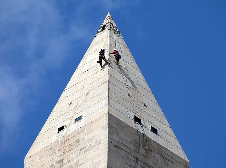 2, 人, 登山, 昼間, ワシントン記念塔, 記念碑, 歴史的, 労働者, 懸垂下降, メンテナンス