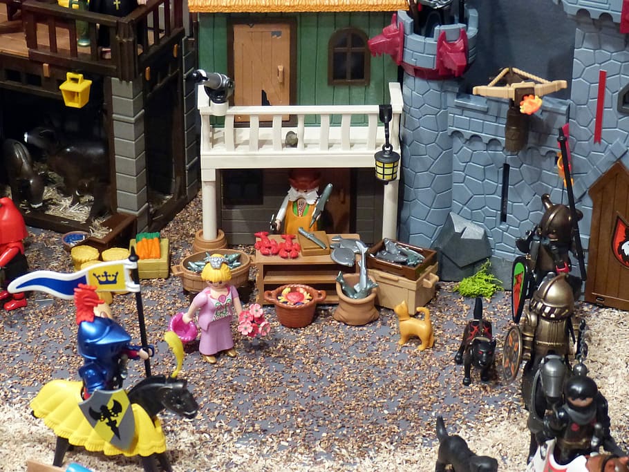 Playmobil, Exhibition, Toys, Figures, horse, reiter, knight, knight's castle, day, outdoors