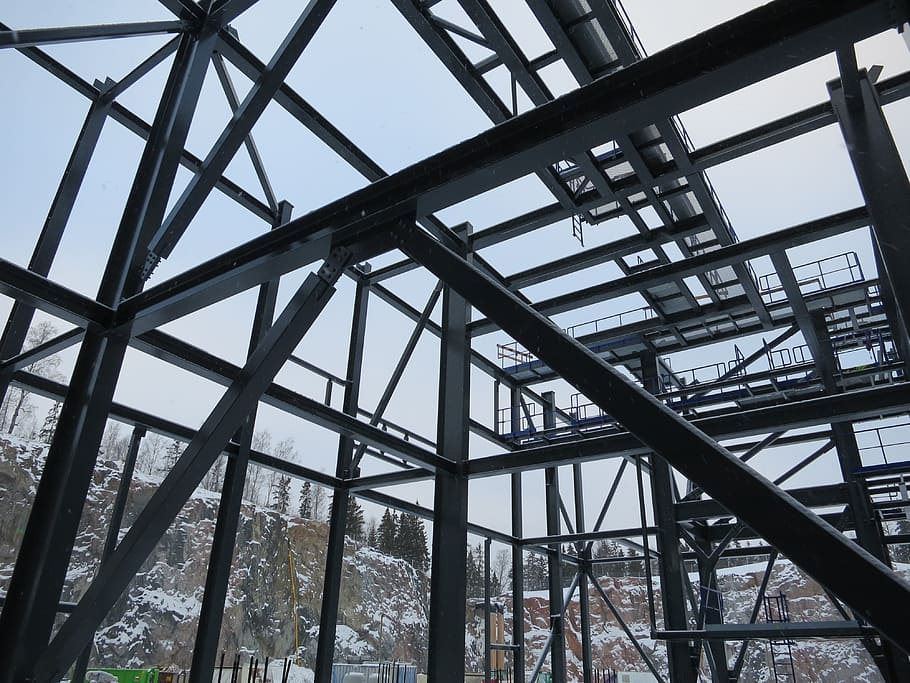 metal building frame, snow, covered, hills, construction, steel, metal, frame, industrial, building