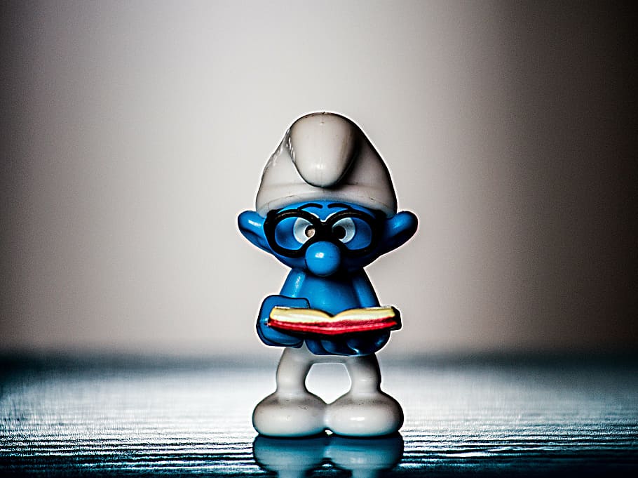 brainy, smurf figurine, gray, surface, smurf, read, collect, decoration, indoors, representation