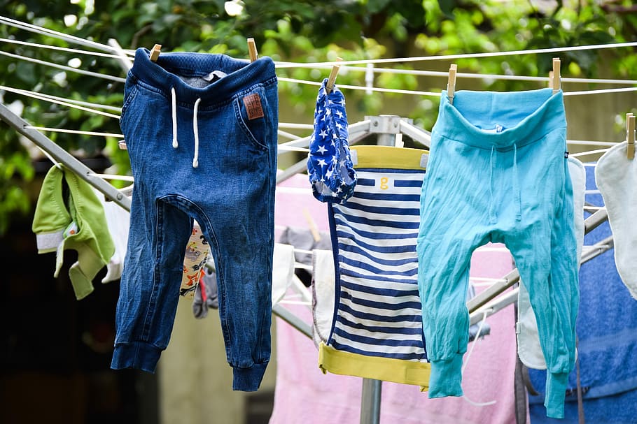 Lavado, pantalones, secado, airer, blöjbyxa, niños pequeños, colgantes, ropa, tendedero, lavandería