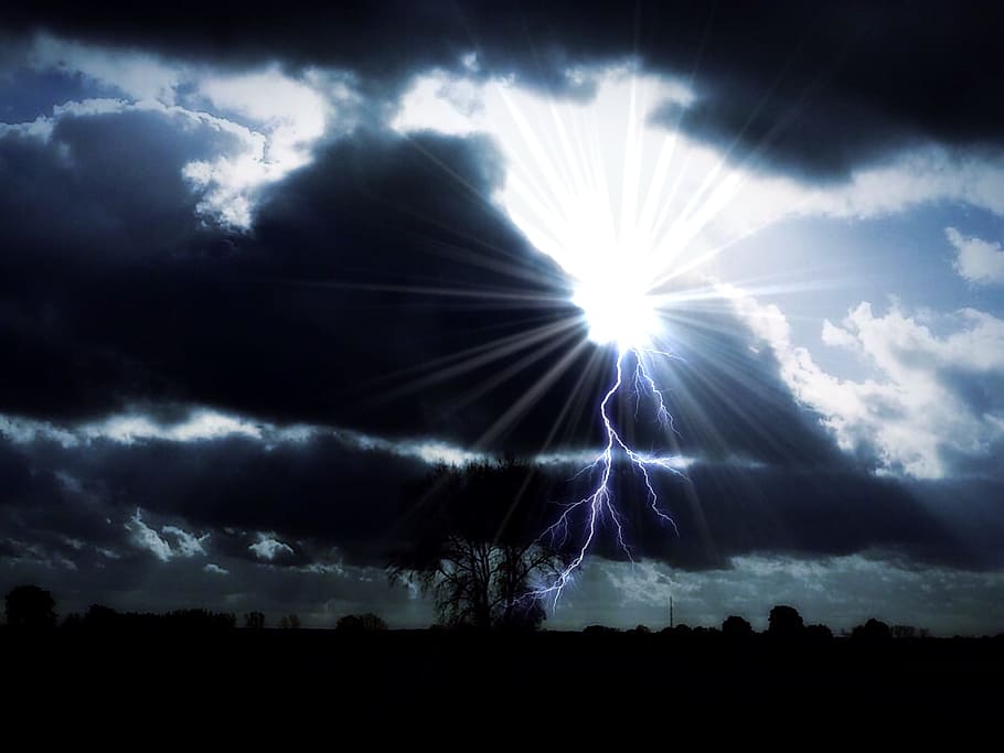 fotografía de silueta, árbol, rayo, cúmulos, cielo, tormenta, paisaje, flash, sol, hacia adelante