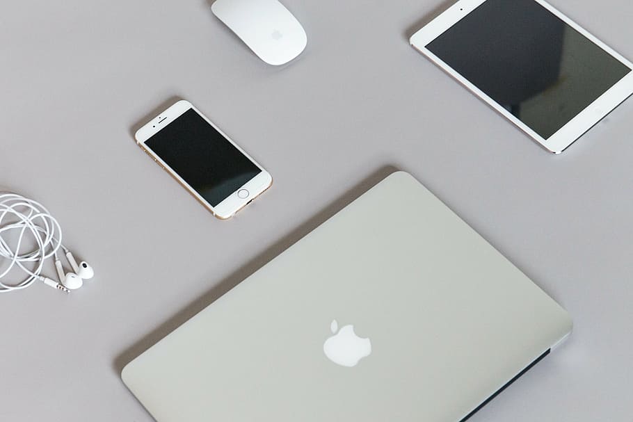 cuatro, productos de apple brad, gris, superficie, oro, iphone, manzana, magia, mouse, blanco