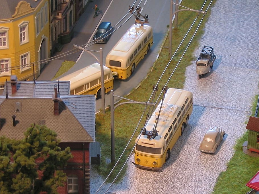 trolebús, trolebús sin rieles, o bus, recoger, veterano, modelo, juguetes, modelo de tren, modelo de ferrocarril, modelo de autobuses