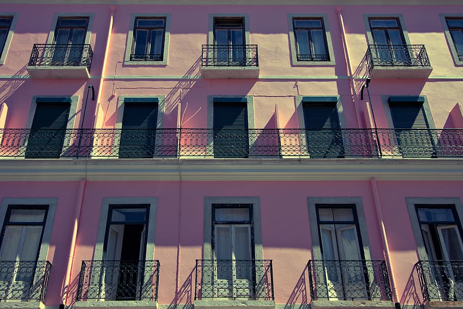 grande angular, edifício de cor rosa, tiro, rosa, colorido, construção, Lisboa, portugal, arquitetura, janela