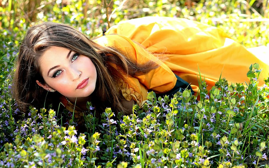 woman, wearing, yellow, dress, laying, green, plants, girl, blue eyes, seductive