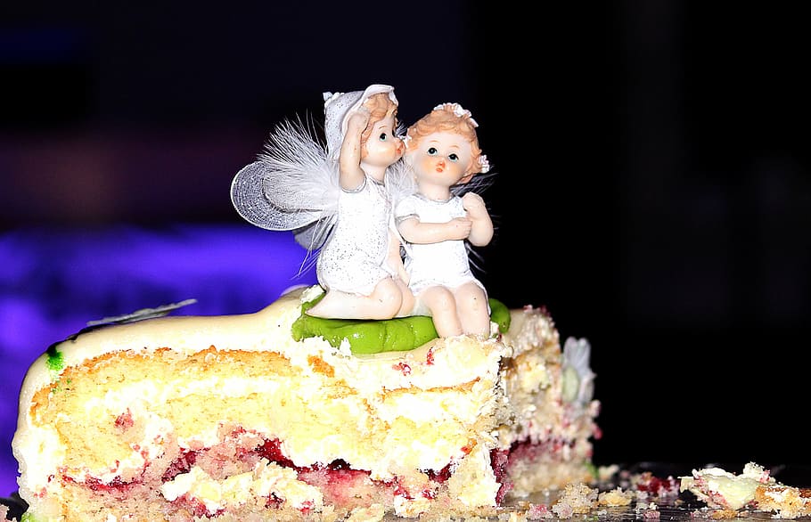 two, white, angel plastic toy, top, sliced, cake, birthday cake, wedding cake, surprise, figures