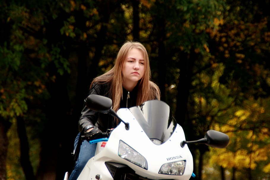 woman, riding, white, honda sports bike, girl, motorcycle, leather jacket, ride, biker, blonde